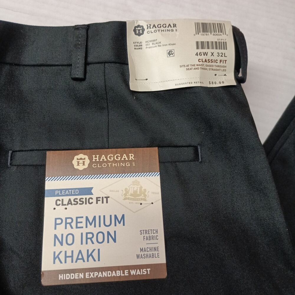 Haggar Premium No Iron Khakis Men's‎ 46x32 Black Pleated Classic Fit Flex Waist - Picture 2 of 7
